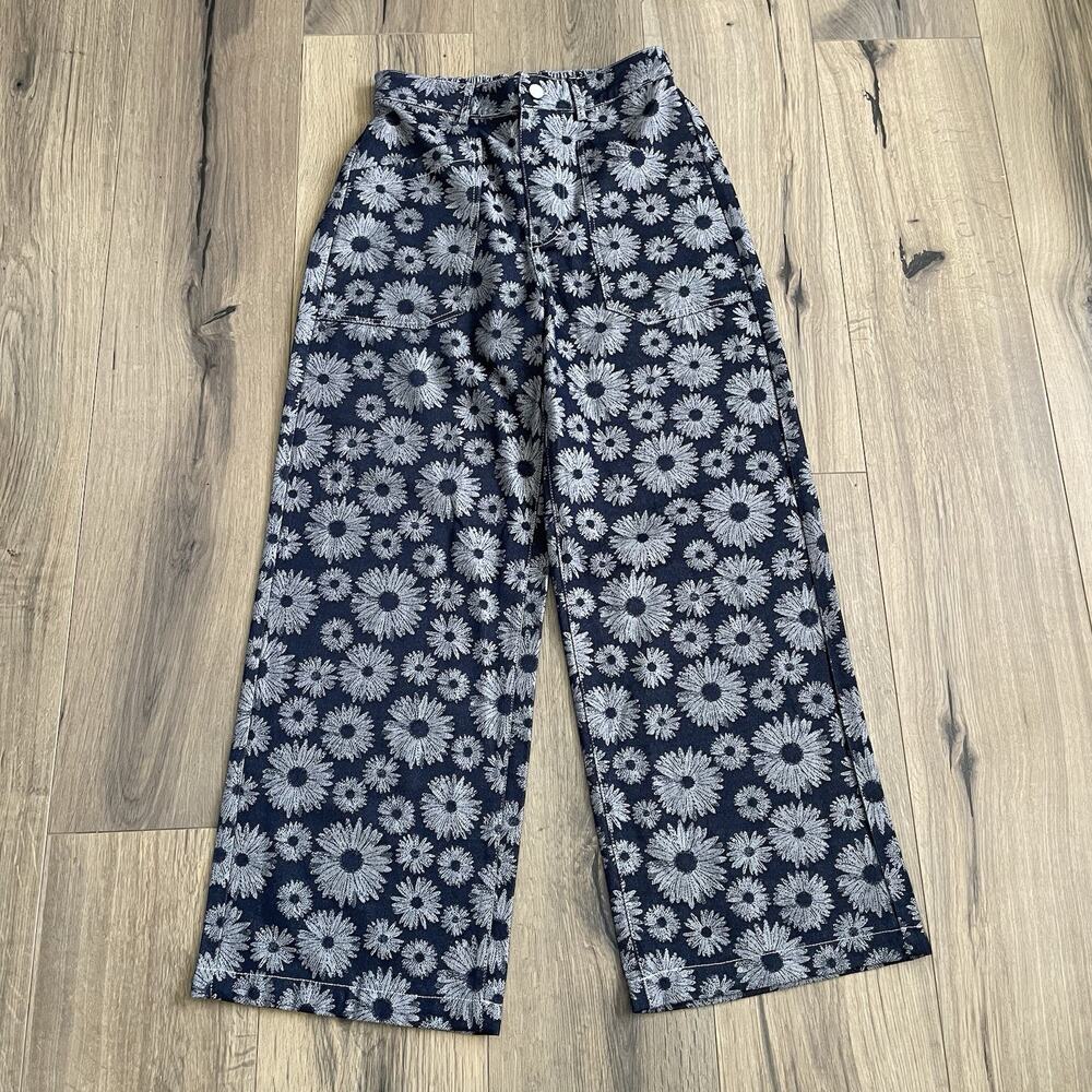 Polagram Wide Leg Pull On Denim Pants Size Small Navy Blue Sunflower Print Jeans